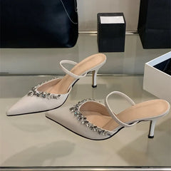 Pointed Toe Slippers Crystal Thin Heels Party Dress Mule shoes