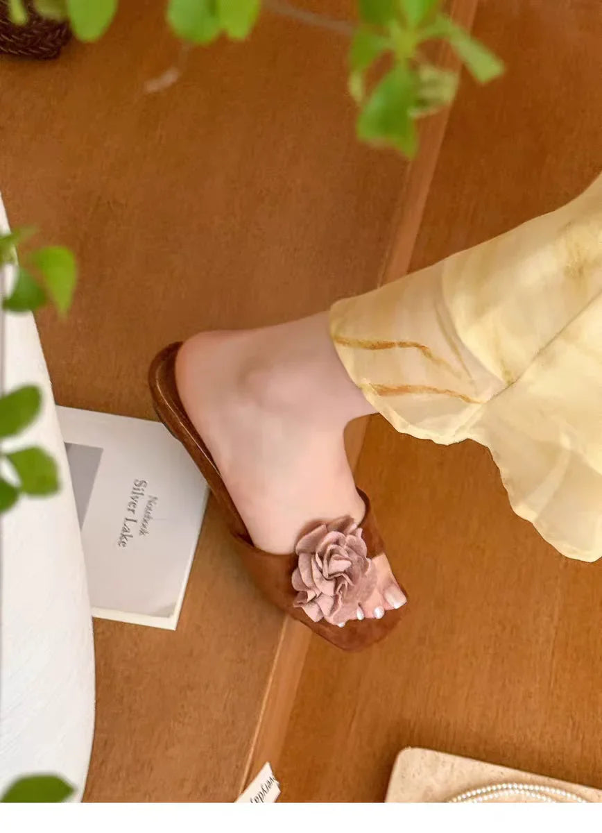 Flower Slippers Square Toe Flats Sandals Elegant Slingback Slides Mujer Flip Flops
