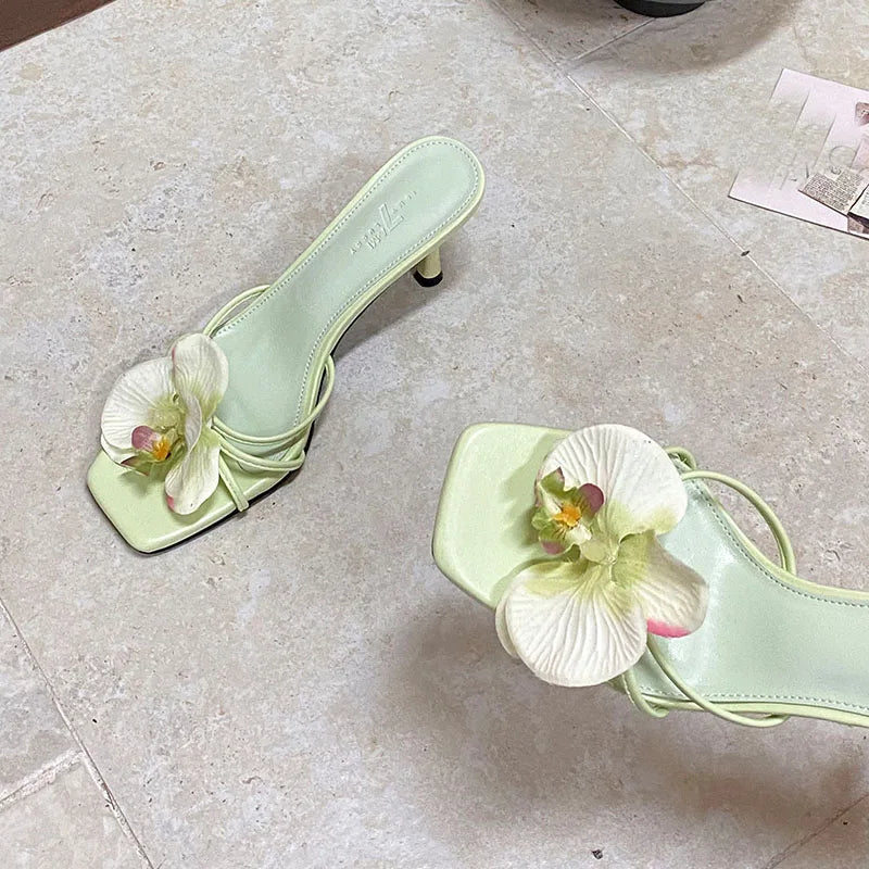Slip Square Toe High Heels Pumps Slides Shoes Flower Thin Heels Shoes 2025