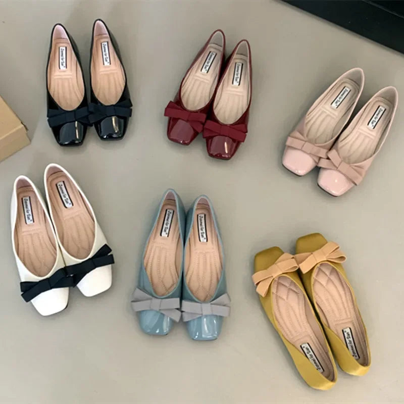 Mary Jane Shoes Square Toe Flats Shallow Dress Shoe Butterfly Knot Patent Leather Soft Soled Ballet Shoes