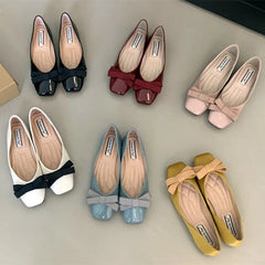 Mary Jane Shoes Square Toe Flats Shallow Dress Shoe Butterfly Knot Patent Leather Soft Soled Ballet Shoes