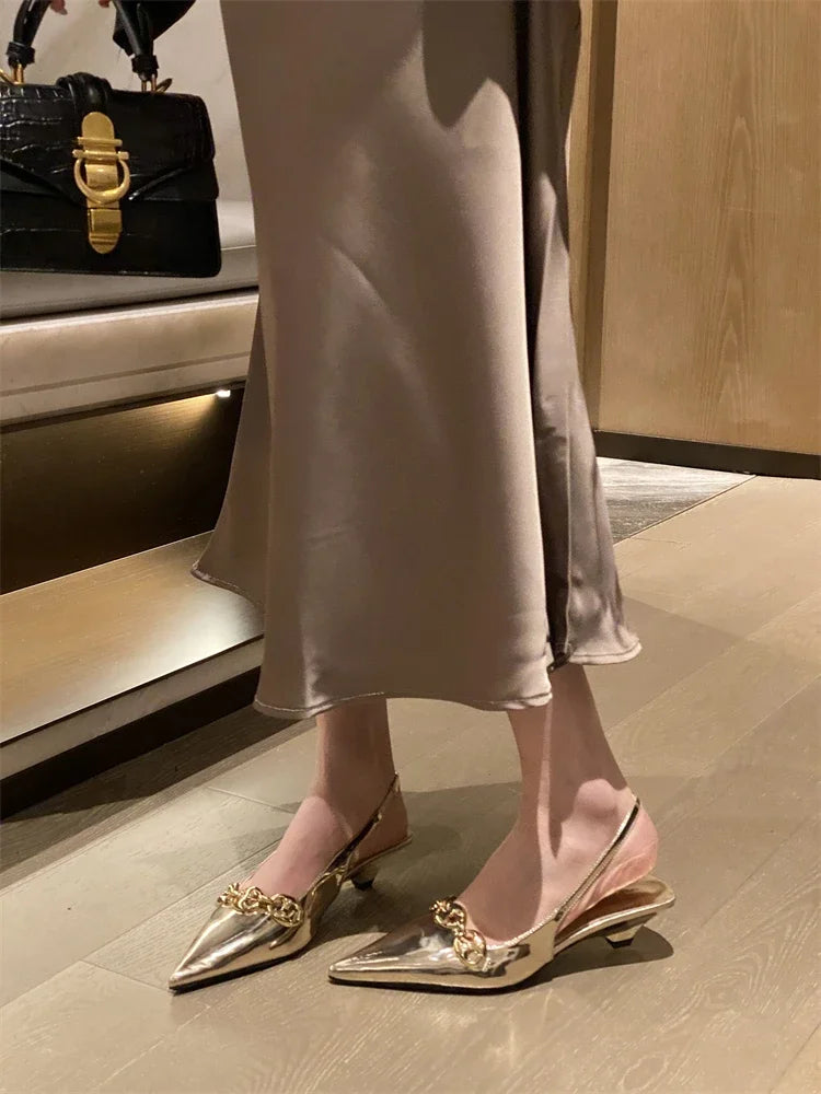 Elegant Metal Decoration Pointed Toe Thin Low Heels Sandals Casual Dress Mules Shoes