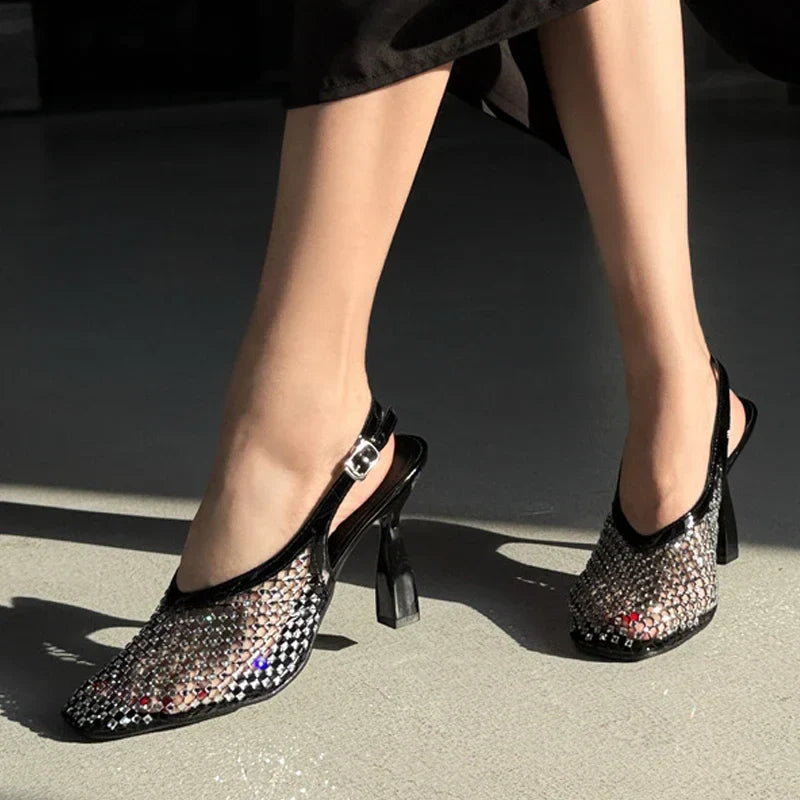Rhinestone SquareToe Mesh Breathable Party Thin High Heeled Mule Shoes