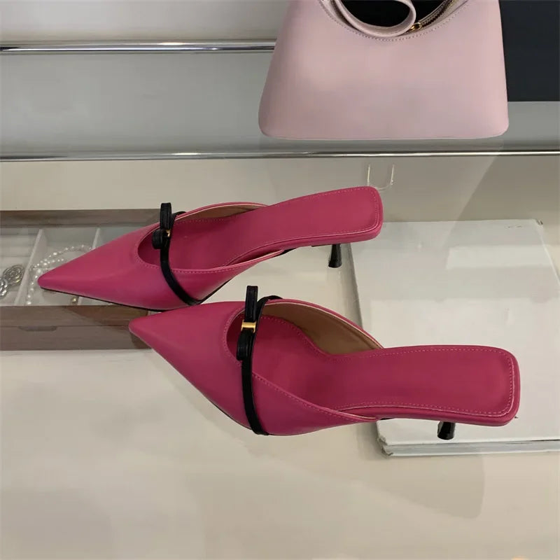 Design Style Butterfly-knot Woman Slippers Low Thin Heels Pointed Toe Shallow Mules Shoes