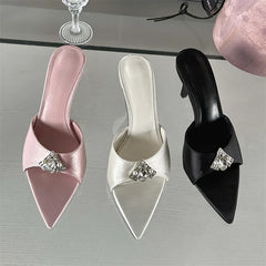 CRYSTAL Diamond Slippers Pointed Toe Shoes Thin Heels Banquet Slides Sandals
