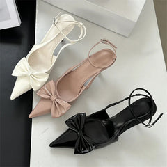 Design Butterfly-knot Woman Pumps Sandals Slingbacks Pointed Toe Ankle Buckle Strap Thin Low Heels Mules Shoes