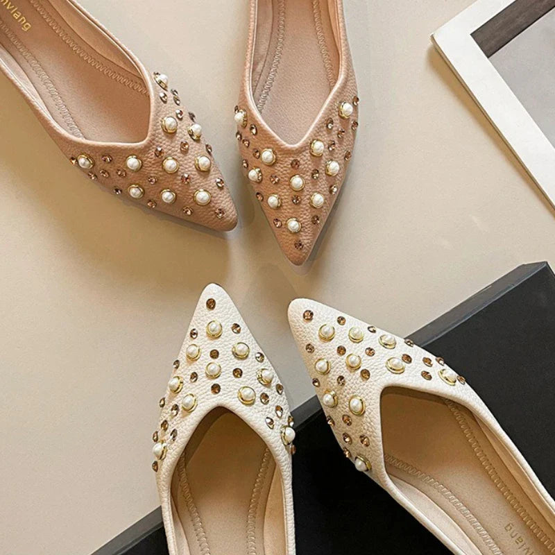 Pearl Rhinestone Decoration Flat Shoes Soft Leather Pointed Toe Ballet Flats Comfort Commuter Office Mary Jane Loafers