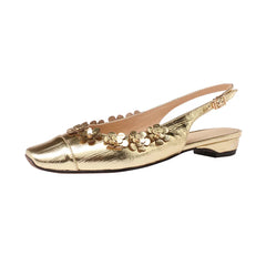 Genuine Leather Pumps FLowers Decoration Party Wedding Shoes Woman Slingbacks Pumps