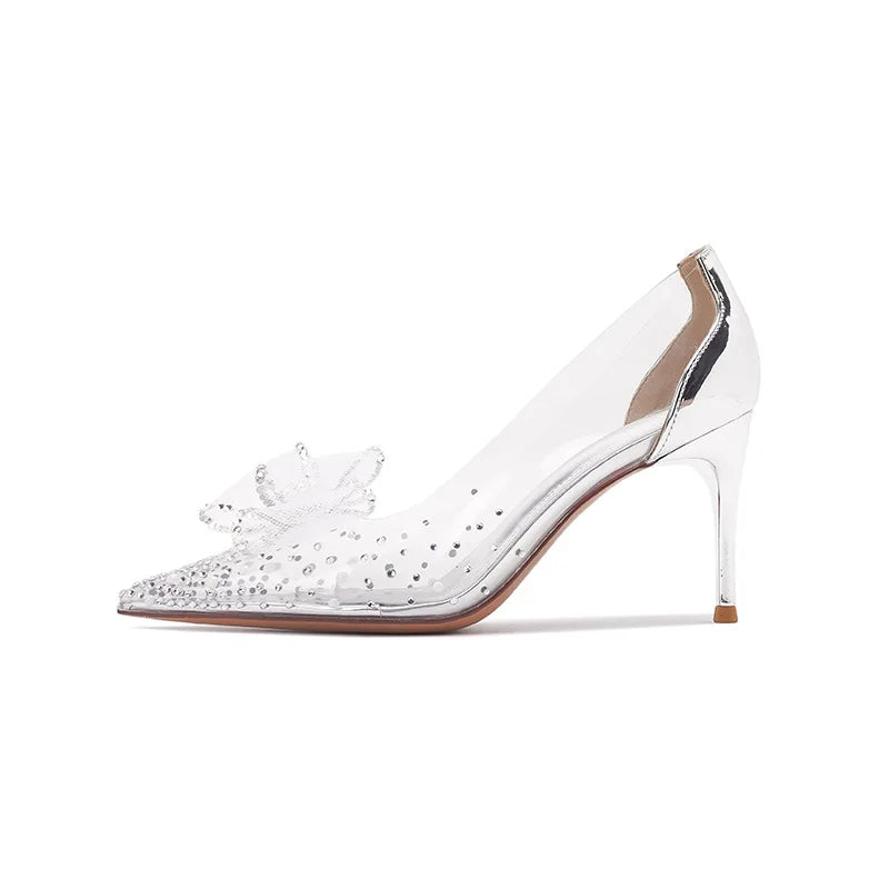 Pointed Toe Stiletto High Heels Transparent Crystal Shoes Shallow Rhinestone Bow Exquisite Shoes