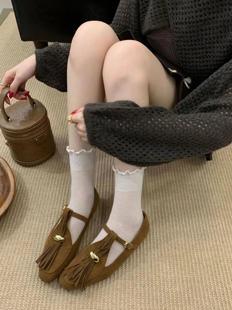 Metal Decoration Tassel Design Flats Comfortable Faux Suede Soft Sole Loafers Retro T Strap Buckle Mary Jane Shoes