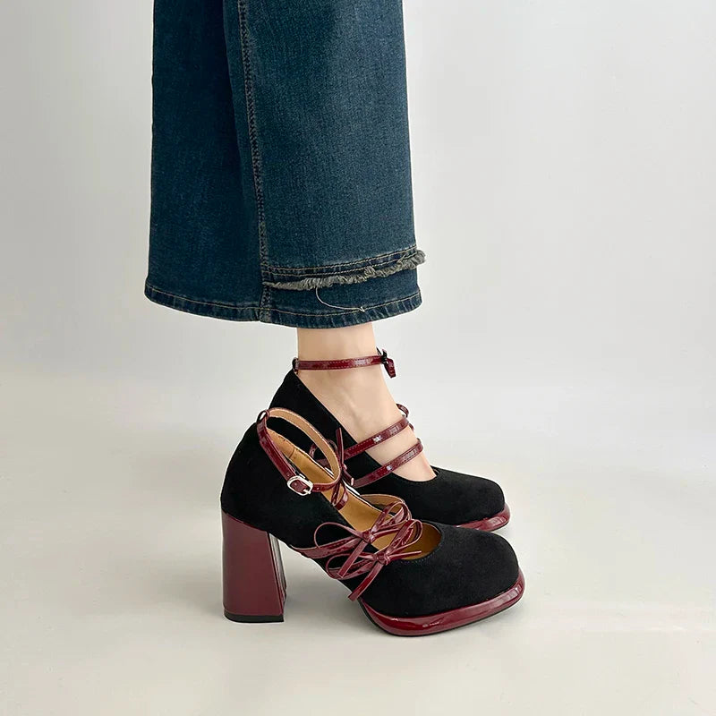 Thick Heel Mary Jane Shoes Butterfly-knot Buckle Strap Shoes Elegant Party Dress Pumps