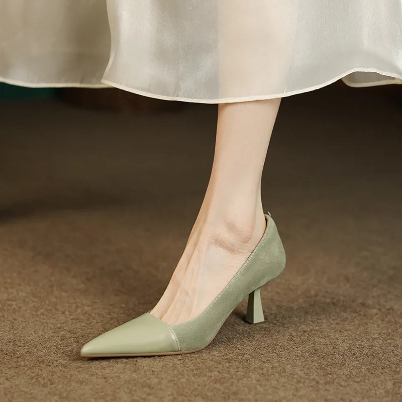 Splicing Shallow Mouth Single Shoes French Pointed Toe Temperament High Heels