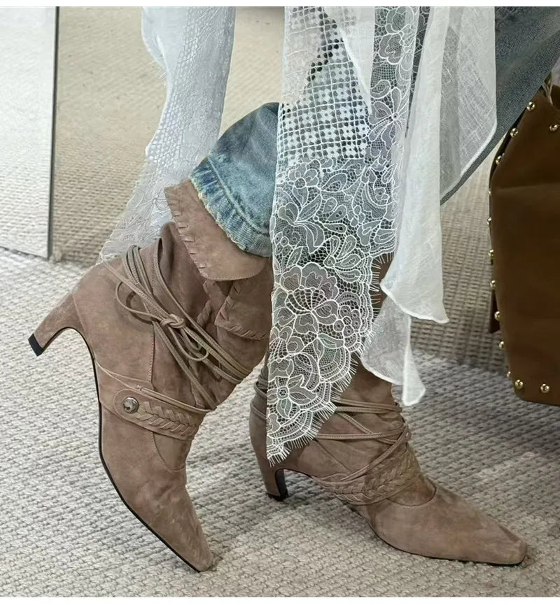Faux Suede Weave Lace-up Motorcycle Boots High heels Chelsea Western Mid-Calf Short Booties Shoes
