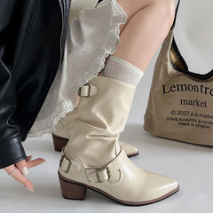 Western Cowboy Boots Vintage Slip On Thick Heel Shoes Mid Calf Botas Zapatos De Mujer