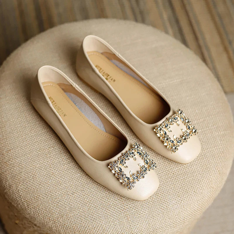 Rhinestone Lace square buckle Square Closed Toe Slip On Flat Shoes Solid
