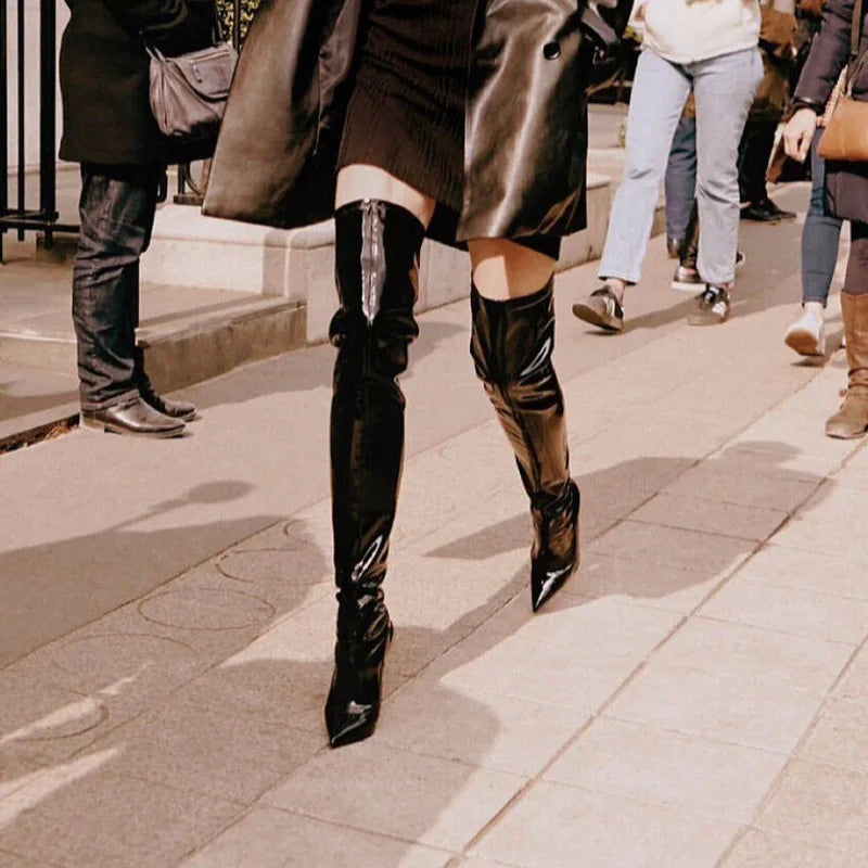 Pointed Toe Side Zipper Elastic Stiletto Over The Knee Boots Punk Solid Patent Leather Sewing Shoes