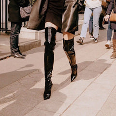 Pointed Toe Side Zipper Elastic Stiletto Over The Knee Boots Punk Solid Patent Leather Sewing Shoes