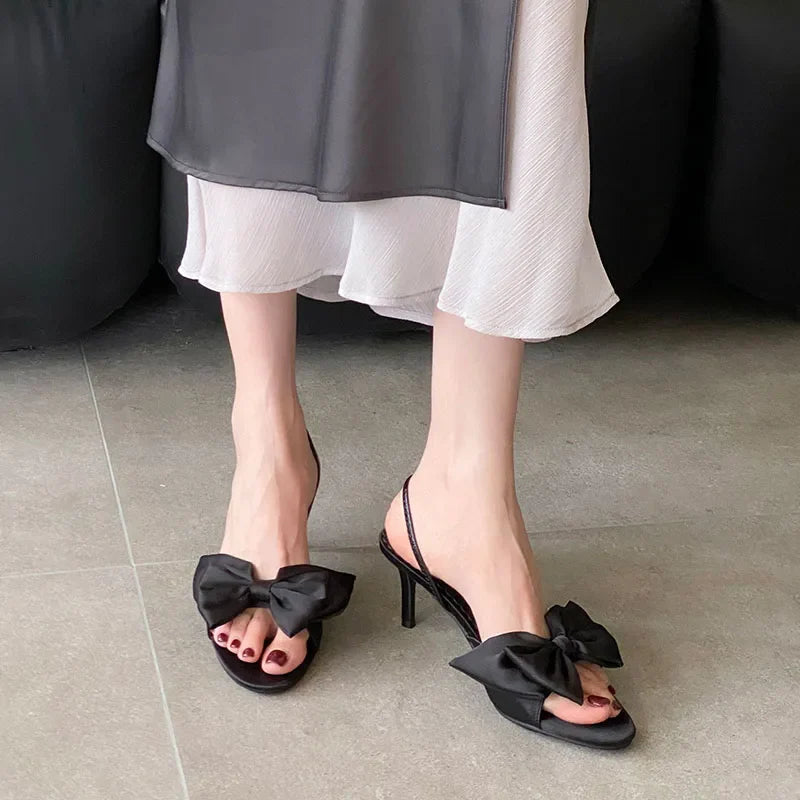 Butterfly-Knot Thin Heels Sandals Shoes Round Toe Footwear Elegant Heeled Sandals Slides Shoes