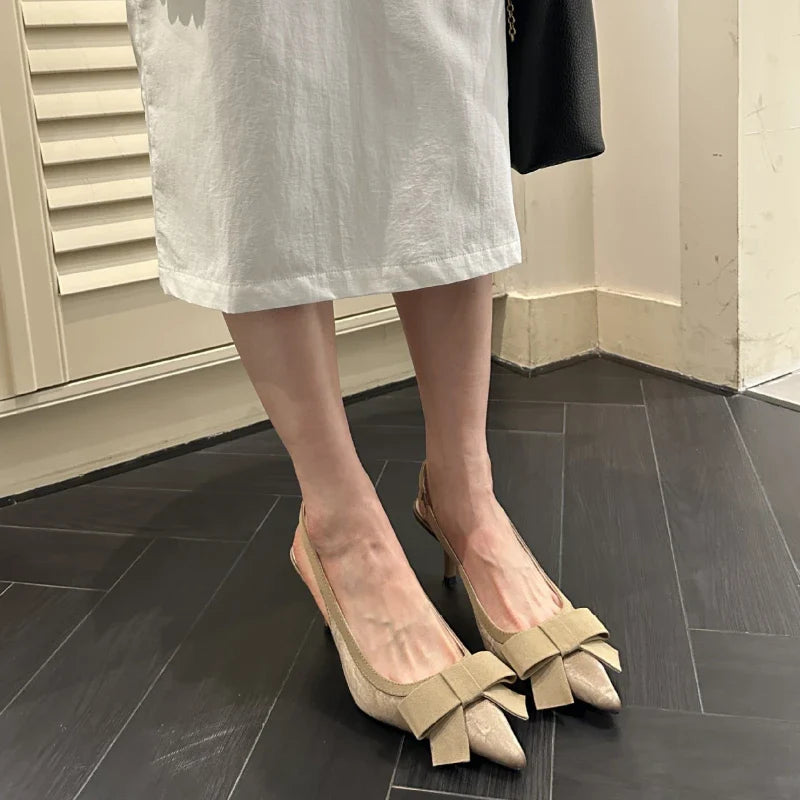 Bowknot Pointed Toe Thin Heel Elegant Satin Heels Prom Backless Zapatos De Mujer