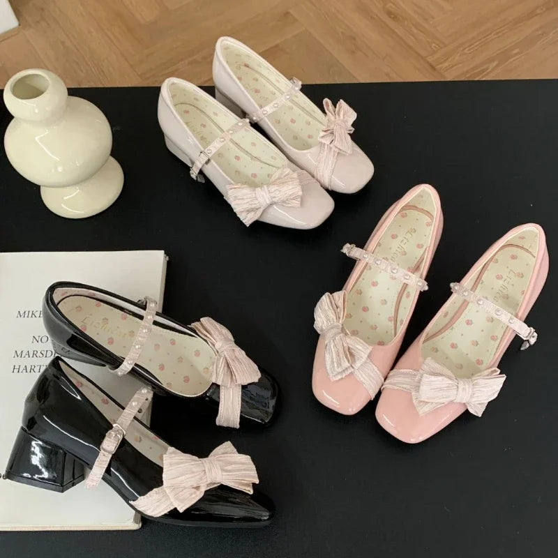 Butterfly-knot Sweet Mary Jane Shoes Elegant Chunky Shallow Pumps Buckle Square Toe High Heels Ladies