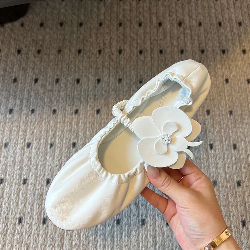 Round Toe Flower Sandals Flat Mary Janes Elastic Band Casual Ballet Shoes Slip On Wrinkles Elegant