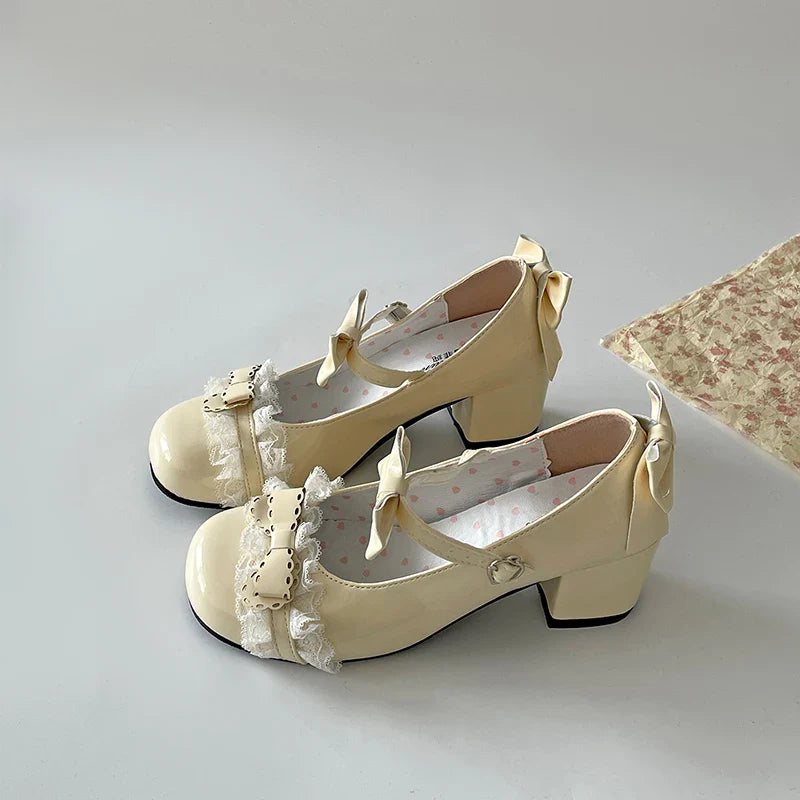 Cute Lace JK Mary Jane Shoes Butterfly-knot Leather Shoes Outdoor Party Dress Pumps