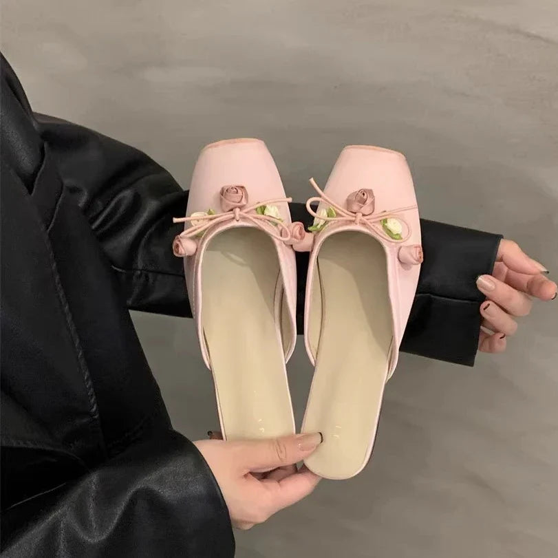Satin Flower Slippers Non-slip Casual Slide Comfy Light Ethnic Style Sandals Flat Floral Mule Shoes