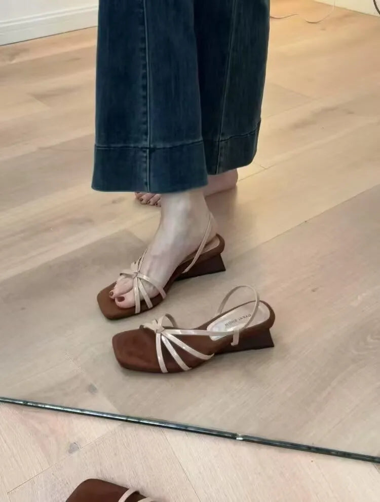 Kitten High Heels Open Toe Sandals Cross Narrow Band Low Slippers Stylish Comfortable Multi-work Shoes Flat Heels