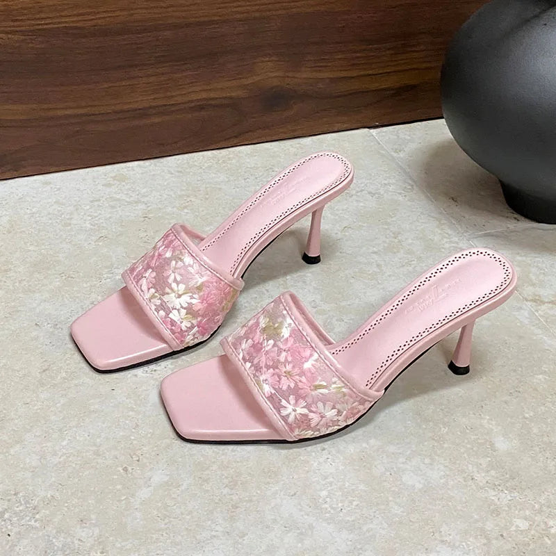 Flower Thin Heels Slides Sandals Shoes Square Toe High Heels Shoes Slip On Sandals Pumps
