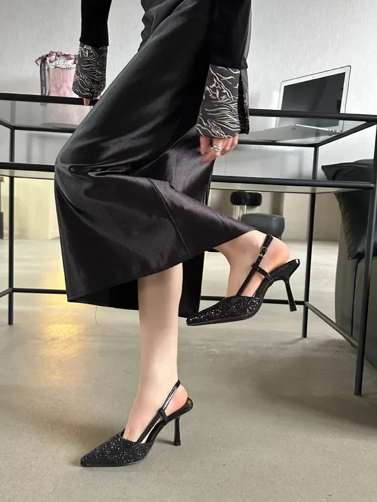 Bling Design Mules Sandals Pointed Toe Thin High Heels Back Strap Banquet Pums