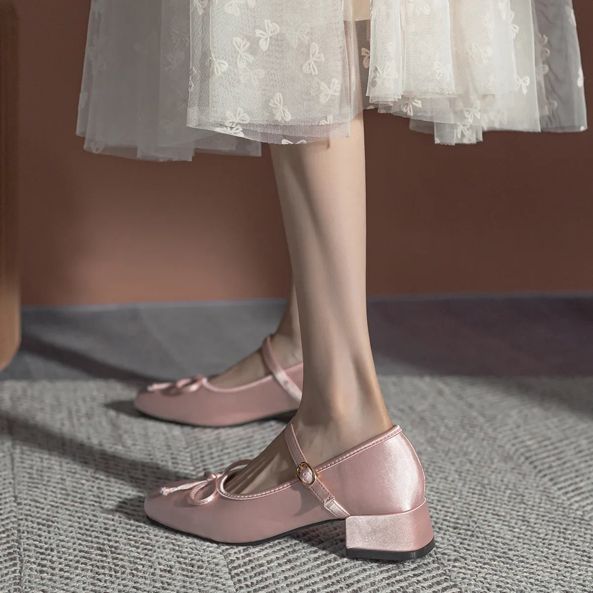 Women/girl's Pink Silk pumps sweet bowtie mary janes shoes woman square toe silk tacones ballerina shoes med-hgh heels bow shoes