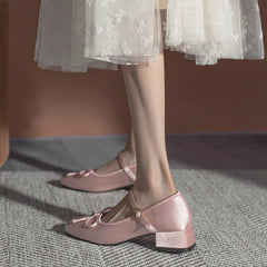 Women/girl's Pink Silk pumps sweet bowtie mary janes shoes woman square toe silk tacones ballerina shoes med-hgh heels bow shoes