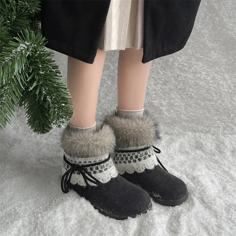 Sweet Lace Decoration Furry Suede Snow Boots Thick Bottom Fluffy Fur Ankle Boots Warm Plush Shoes