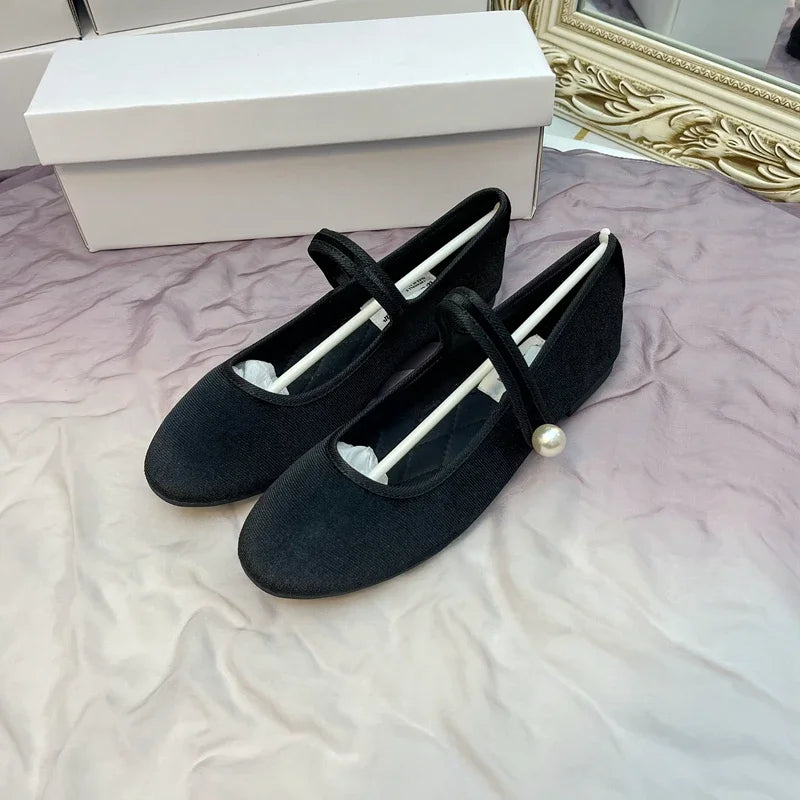 Retro Purple Burgundy Satin Pearl Velvet Mary Jane Flat Shoes