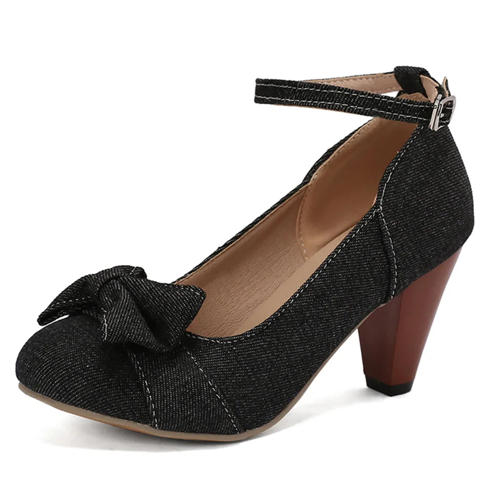 Plus Size 48 Brand Round Toe Chunky Heel Pumps Elegant Bow Buckle Solid Party Shoes