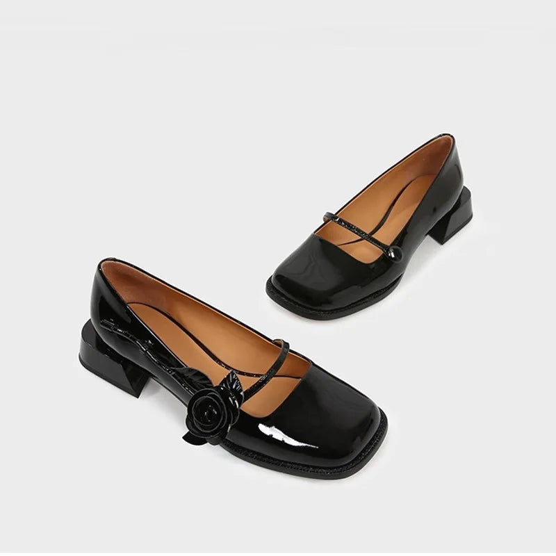 rose flower patent leather shoes woman brand sqaure toe pumps thick heel button strap mary janes talons hauts