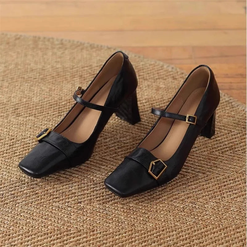 Metal Buckle Decoration Mary Jane Shoes Comfortable Leather High Heels Elegant Chunky Heel Zapatos De Mujer