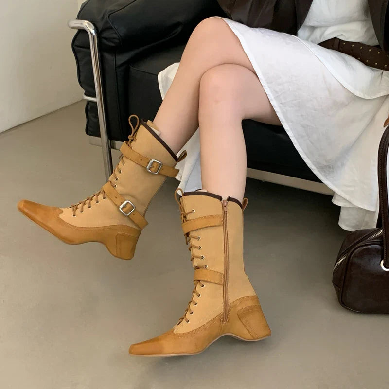Yellow Cowboy Boots Lace Up Belt Buckle Block Heels Mid-calf Western Boots Vintage Shoes Black Botas Mujer