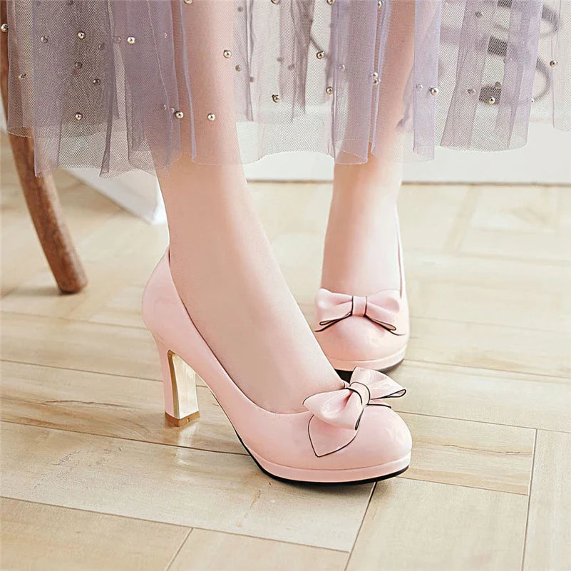 Round Toe Platform Thick High Heels Bow Shallow Wedding Shoes Black Beige 43