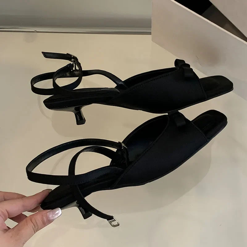 Black Footwear Thin Heels Shoes Butterfly-Knot Shallow Heels Shoes Sandals