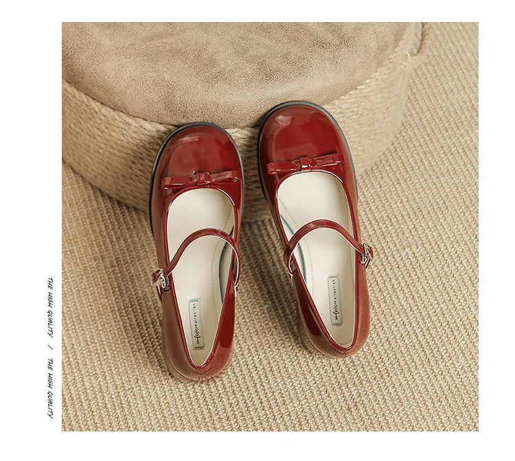 Round toe bowtie mary janes pumps thick high heels lolita shoes ankle strap japanned leather talons femmes