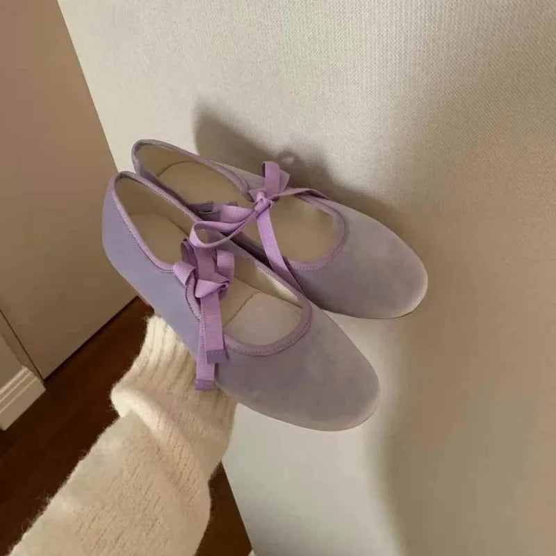 Bow Bandage Velvet Flats Shoes Elegant Round Toe Shallow Ballet Shoes Casual Streetwear Mary Janes