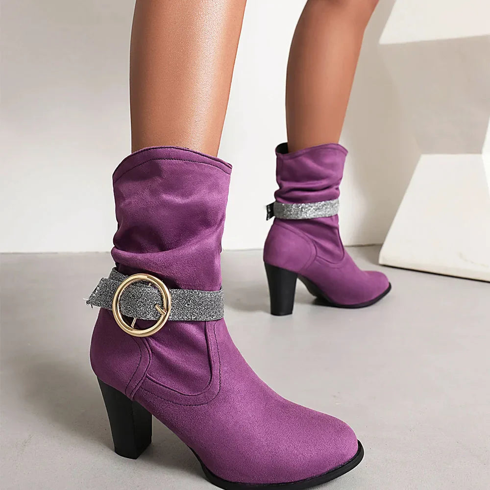 Pointed Toe Square Root Mid-Calf Boots Shiny Buckle Party Shoes Woman