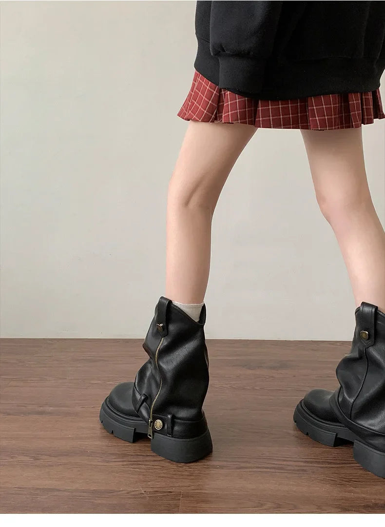 Knee High Boots Western Round Toe Long Boots Western Shoes Chunky Heel Platform