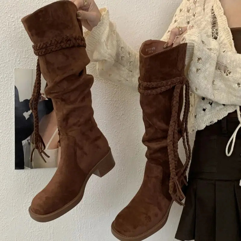 Brown Suede Boots Woman Round Toe Fall Gothic Shoes Chunky Heels Knee High Boots Western Style Shoes