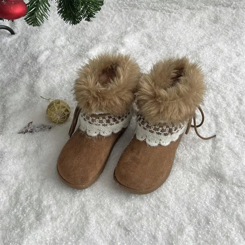 Sweet Lace Decoration Furry Suede Snow Boots Thick Bottom Fluffy Fur Ankle Boots Warm Plush Shoes