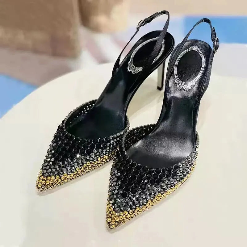 Rhinestones Gradient Slingbacks Bling Crystal Banquet Stiletto High Heels Party Prom Shoes