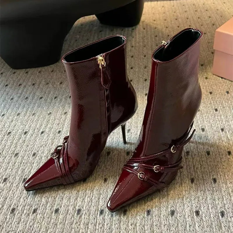 Patent Leather Belt Buckle Ankle Boots Elegant High heels Chelsea Office Lady Short Booties Shoes
