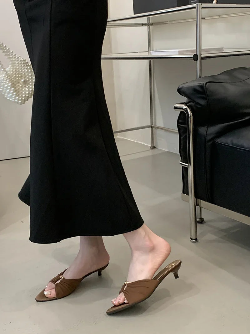 Pleated Silk Hollow Out Metal Buckle Slippers Sandal Pointed Toe Low Thin Heels Beach Party