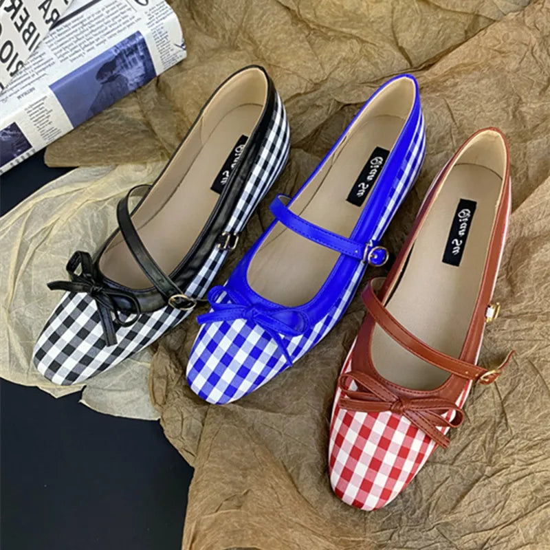 High Quality Checkered Design Mary Jane Shoes Inner Height Increase Flat Ballet Shoes Comfortable Soft Bottom